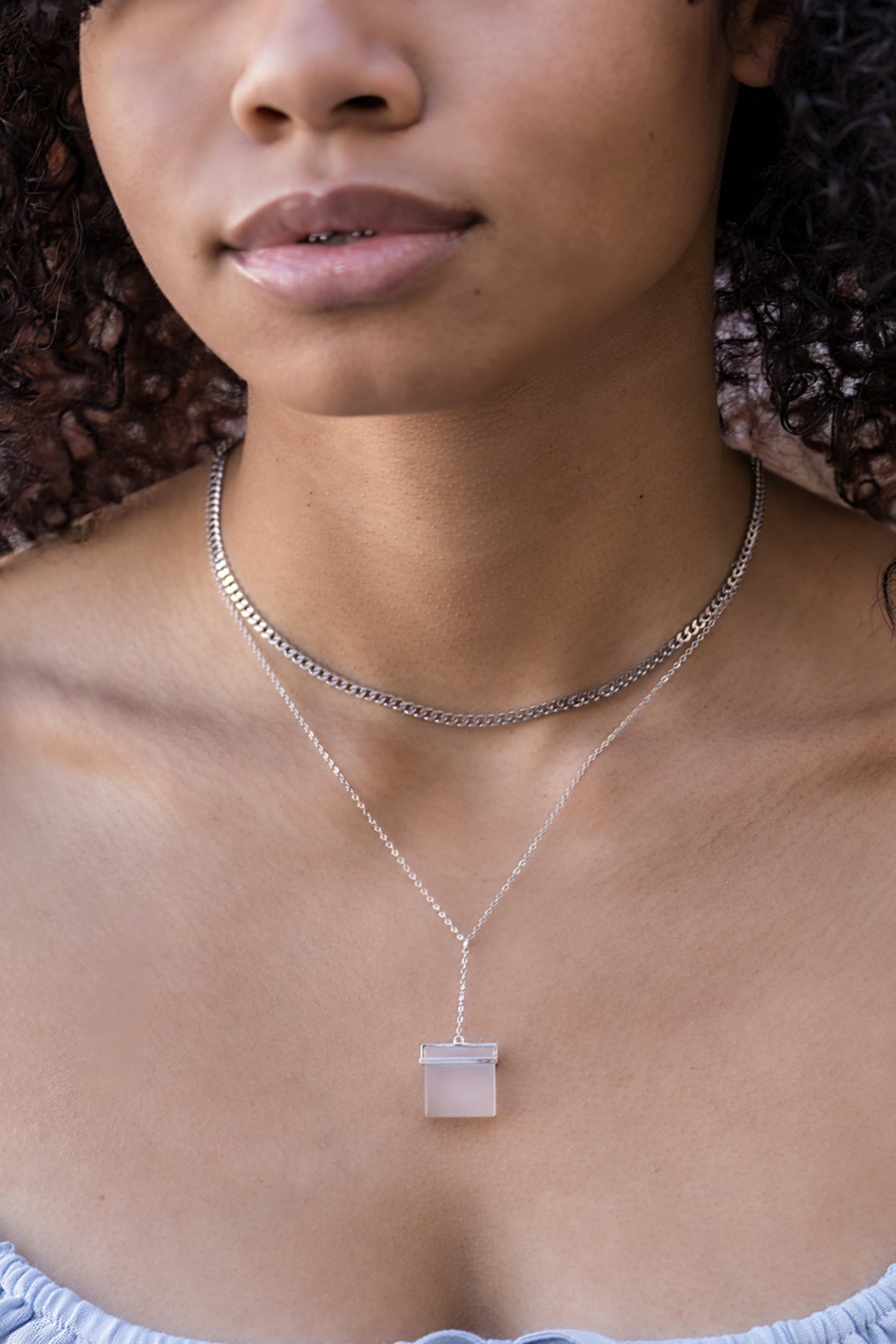Alexander Square Heart Y-Necklace in White Gold Plating
